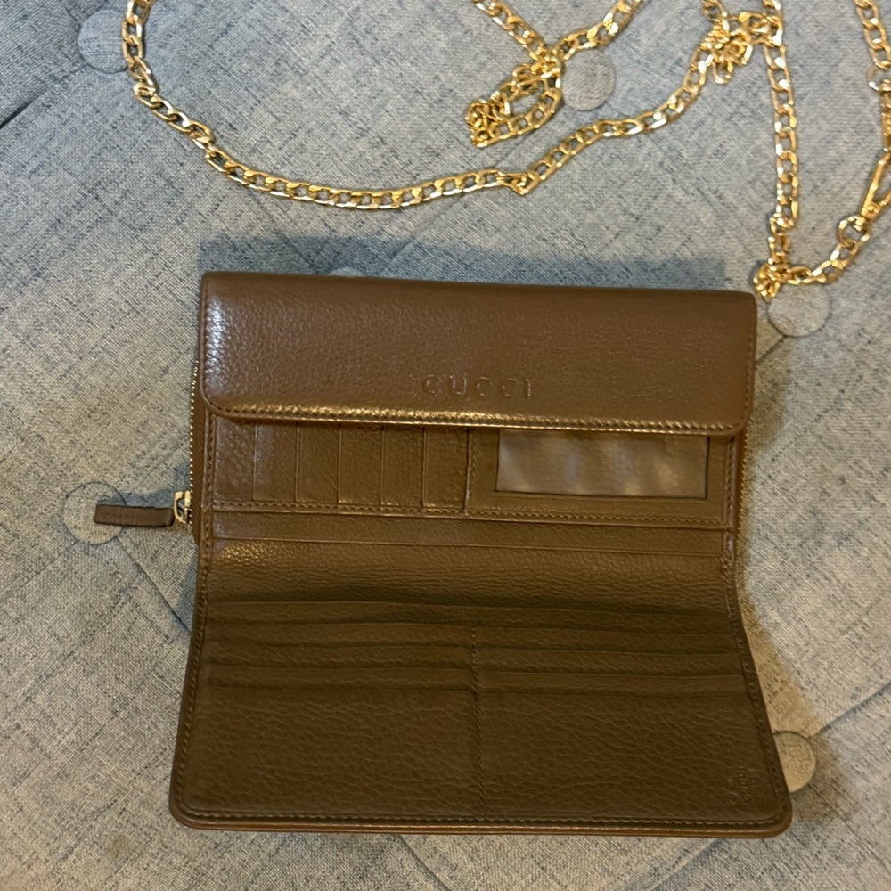 Gucci✨Long Pebbled Leather Continental Travel Organizer Flap Wallet Gold Chain - Picture 11 of 13